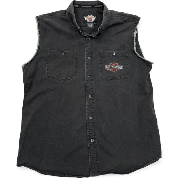 Harley Davidson Cutoff Denim Jean Shirt Vest Grey Biker Motorcycle Men's XL - Picture 2 of 7
